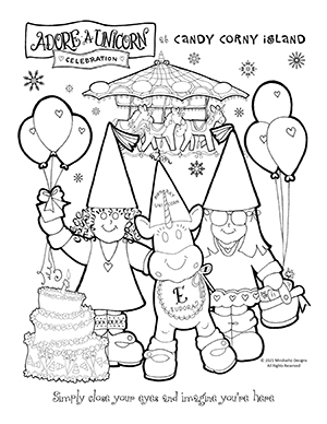 Free Coloring Artwork from Candy Corny Island Adore-a-Unicorn Celebration and Eudora Unicorn Happy Birthday